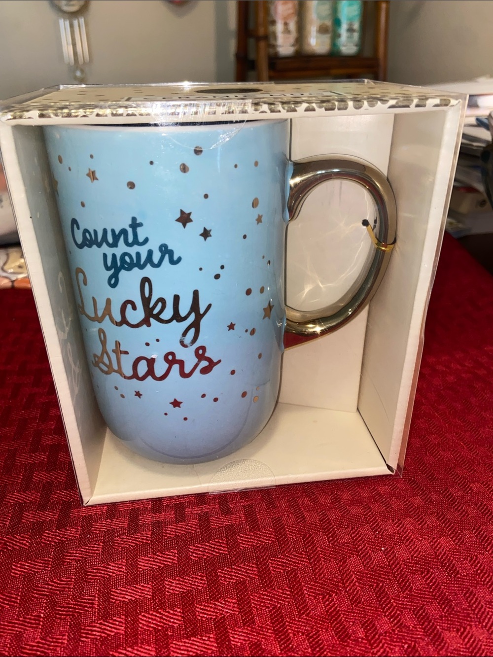 Count Your Lucky Stars Blue Ceramic Mug with Gold Handle